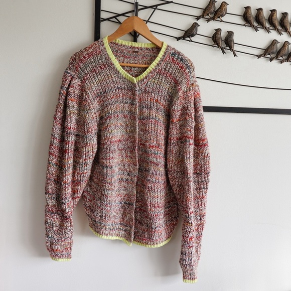 Free People Multicolor Chunky Knit Cardigan Neon Trim Slouchy Fit Size L Boho - Picture 3 of 15